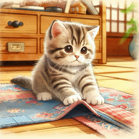 子猫はまだまだカーペットでゴロゴロしたいので、カーペットの上で片づけに抵抗する。