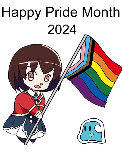 Rae Taylor in her school uniform holding a modern pride flag as her slime familiar looks on. Large text in English reads 
Happy Pride Month
2024