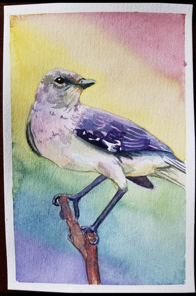 Watercolor painting of a mockingbird in front of a rainbow background 