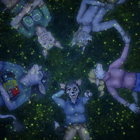 Overhead view of five friends lying on their backs in an open field in a circle looking up at the sky, which is filled with fireflies.  There is an anthropomorphic border collie in a blue hoodie pointing at the sky, an anthropomorphic sheep in a pink turtleneck sweater holding hands with an anthropomorphic wolf in a collarless button-down shirt, a physically fit anthropomorphic pig in a sport jersey, and an anthropomorphic Belgian blue cow in a teal blue tee shirt with a Belgian flag and the words "blue Belgian" printed on it.