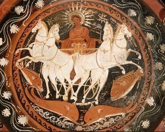 Red-figure vase painting of Helios in his chariot pulled by four white horses as he rises from the sea, indicated by fishes and dolphins below him.