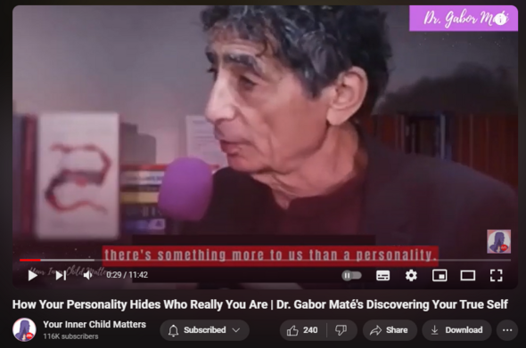 https://www.youtube.com/watch?v=cViBkKnbm1I
How Your Personality Hides Who Really You Are | Dr. Gabor Maté's Discovering Your True Self

4,072 views  31 May 2024  ✪ Members first on 31 May 2024  #ptsd #DefenseMechanisms #EmotionalWellbeing
How Your Personality Hides Who Really You Are | Dr. Gabor  Maté's Discovering Your True Self

Hey there, lovely souls! Have you ever found yourself questioning if the life you're living truly reflects your authentic self? Well, you're not alone. Today, we're diving into the fascinating topic of personality versus authenticity with the insightful Dr. Gabor Maté. Join Dr. Gabor Maté on a transformative journey to unmask your personality and discover your true self. Learn about defense mechanisms, PTSD, and the power of authenticity in this eye-opening video.

Welcome back to the channel, everyone. I'm thrilled to introduce you to the brilliant Dr. Gabor Maté, a renowned expert in the field of psychology and human behavior. Today, we're delving into the concept of personality versus authenticity and how it impacts our lives. Many of us struggle with the constant battle between conforming to societal expectations and staying true to our authentic selves. The pressure to fit in and meet external standards can often lead us to lose touch with who we really are at our core. This inner conflict can cause feelings of dissatisfaction, anxiety, and a sense of disconnect from our true essence.