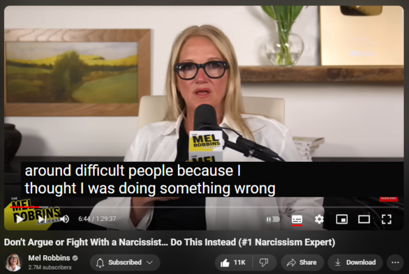 https://www.youtube.com/watch?v=IewDusCWdCM
Don’t Argue or Fight With a Narcissist… Do This Instead (#1 Narcissism Expert)

14,967 views  18 May 2024  The Mel Robbins Podcast
Ready to unlock your potential? 🚀 https://bit.ly/2024makeithappen 👈 Sign up for my FREE 2-part training, Make It Happen with Mel Robbins. It’s designed to show you exactly HOW you can go from dreaming to doing!
—

Do you want to know how to deal with difficult people? 
 
What about if that difficult person in your life is a parent, boss, ex, child, or partner? 
 
Today, renowned psychologist and narcissism expert Dr. Ramani Durvasula is here to give you the tricks you need to master to live a more peaceful life.
 
This episode is your masterclass on how to identify and heal from toxic people.
 
Dr. Ramani will teach you how to not only deal with people who are disrespectful, passive aggressive, and can’t control their emotions, but also how to heal from the damage that they can cause you.
 
She will show you how you can stay in your power and purpose no matter who you have to deal with in your life. 
 
You’ll learn how you can keep your goals, priorities, and happiness front and center, no matter what is happening around you.

Dr. Ramani's website: https://doctor-ramani.com