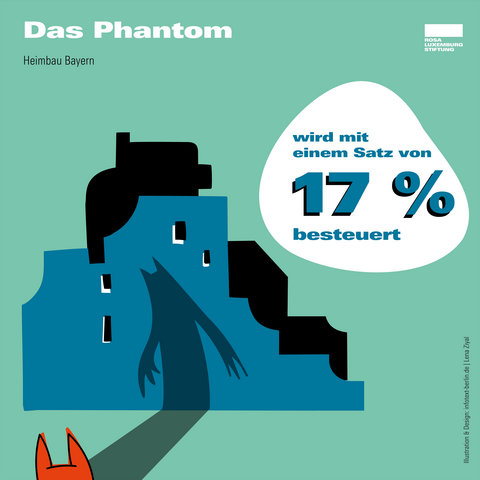 Zeichnung mit dem Text: "Das Phantom - Heimbau Bayern. Wird mit einem Satz von 17% besteuert."
