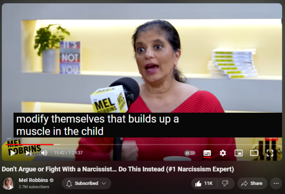 https://www.youtube.com/watch?v=IewDusCWdCM
Don’t Argue or Fight With a Narcissist… Do This Instead (#1 Narcissism Expert)
314,967 views  18 May 2024  The Mel Robbins Podcast
Ready to unlock your potential? 🚀 https://bit.ly/2024makeithappen 👈 Sign up for my FREE 2-part training, Make It Happen with Mel Robbins. It’s designed to show you exactly HOW you can go from dreaming to doing!
—

Do you want to know how to deal with difficult people? 
 
What about if that difficult person in your life is a parent, boss, ex, child, or partner? 
 
Today, renowned psychologist and narcissism expert Dr. Ramani Durvasula is here to give you the tricks you need to master to live a more peaceful life.
 
This episode is your masterclass on how to identify and heal from toxic people.
 
Dr. Ramani will teach you how to not only deal with people who are disrespectful, passive aggressive, and can’t control their emotions, but also how to heal from the damage that they can cause you.
 
She will show you how you can stay in your power and purpose no matter who you have to deal with in your life. 
 
You’ll learn how you can keep your goals, priorities, and happiness front and center, no matter what is happening around you.