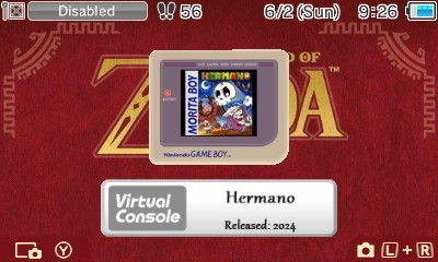 A screenshot from a New Nintendo 3DS XL, showing the new Game Boy game "Hermano" installed as a Virtual Console game. 