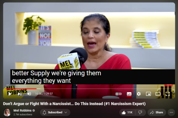 https://www.youtube.com/watch?v=IewDusCWdCM
Don’t Argue or Fight With a Narcissist… Do This Instead (#1 Narcissism Expert)
314,967 views  18 May 2024  The Mel Robbins Podcast
Ready to unlock your potential? 🚀 https://bit.ly/2024makeithappen 👈 Sign up for my FREE 2-part training, Make It Happen with Mel Robbins. It’s designed to show you exactly HOW you can go from dreaming to doing!
—

Do you want to know how to deal with difficult people? 
 
What about if that difficult person in your life is a parent, boss, ex, child, or partner? 
 
Today, renowned psychologist and narcissism expert Dr. Ramani Durvasula is here to give you the tricks you need to master to live a more peaceful life.
 
This episode is your masterclass on how to identify and heal from toxic people.
 
Dr. Ramani will teach you how to not only deal with people who are disrespectful, passive aggressive, and can’t control their emotions, but also how to heal from the damage that they can cause you.
 
She will show you how you can stay in your power and purpose no matter who you have to deal with in your life. 
 
You’ll learn how you can keep your goals, priorities, and happiness front and center, no matter what is happening around you.

Dr. Ramani's website: https://doctor-ramani.com
Follow Dr. Ramani on Instagram:  

 / doctorramani  

For more resources, including links to Dr. Ramani’s book, website, and social media platforms, click here for the podcast episode page: www.melrobbins.com/podcasts/episode-174