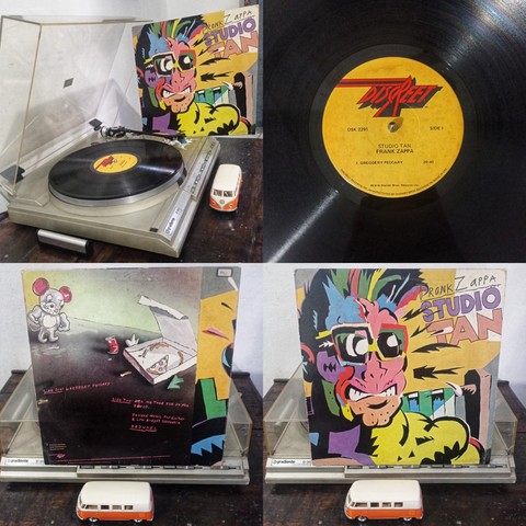Montagem de fotos com vinil no toca discos de fundo na foto capa do vinil, selo do vinil, contra capa do vinil e capa do vinil.
