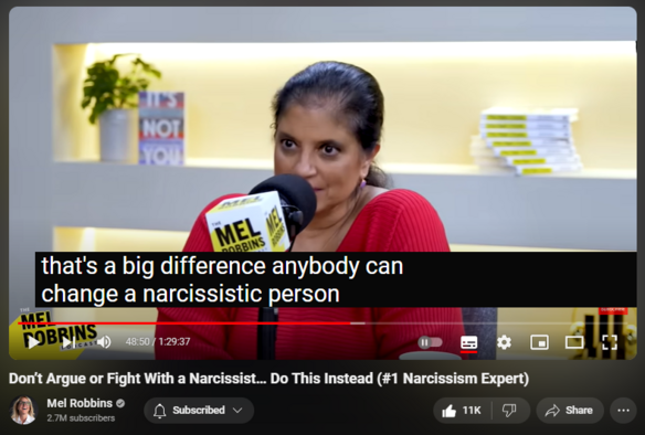 https://www.youtube.com/watch?v=IewDusCWdCM
Don’t Argue or Fight With a Narcissist… Do This Instead (#1 Narcissism Expert)


314,967 views  18 May 2024  The Mel Robbins Podcast
Ready to unlock your potential? 🚀 https://bit.ly/2024makeithappen 👈 Sign up for my FREE 2-part training, Make It Happen with Mel Robbins. It’s designed to show you exactly HOW you can go from dreaming to doing!
—

Do you want to know how to deal with difficult people? 
 
What about if that difficult person in your life is a parent, boss, ex, child, or partner? 
 
Today, renowned psychologist and narcissism expert Dr. Ramani Durvasula is here to give you the tricks you need to master to live a more peaceful life.
 
This episode is your masterclass on how to identify and heal from toxic people.
 
Dr. Ramani will teach you how to not only deal with people who are disrespectful, passive aggressive, and can’t control their emotions, but also how to heal from the damage that they can cause you.
 
She will show you how you can stay in your power and purpose no matter who you have to deal with in your life. 
 
You’ll learn how you can keep your goals, priorities, and happiness front and center, no matter what is happening around you.