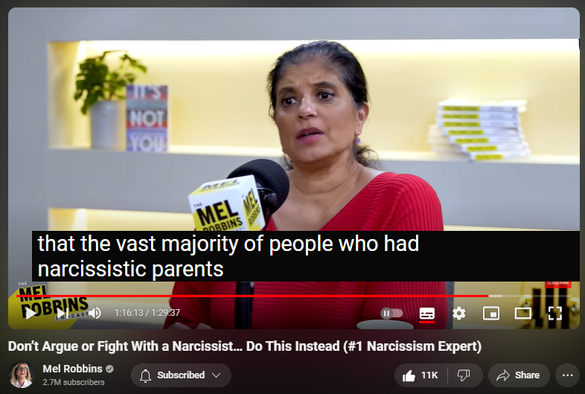 https://www.youtube.com/watch?v=IewDusCWdCM
Don’t Argue or Fight With a Narcissist… Do This Instead (#1 Narcissism Expert)


314,967 views  18 May 2024  The Mel Robbins Podcast
Ready to unlock your potential? 🚀 https://bit.ly/2024makeithappen 👈 Sign up for my FREE 2-part training, Make It Happen with Mel Robbins. It’s designed to show you exactly HOW you can go from dreaming to doing!
—

Do you want to know how to deal with difficult people? 
 
What about if that difficult person in your life is a parent, boss, ex, child, or partner? 
 
Today, renowned psychologist and narcissism expert Dr. Ramani Durvasula is here to give you the tricks you need to master to live a more peaceful life.
 
This episode is your masterclass on how to identify and heal from toxic people.
 
Dr. Ramani will teach you how to not only deal with people who are disrespectful, passive aggressive, and can’t control their emotions, but also how to heal from the damage that they can cause you.
 
She will show you how you can stay in your power and purpose no matter who you have to deal with in your life. 
 
You’ll learn how you can keep your goals, priorities, and happiness front and center, no matter what is happening around you.