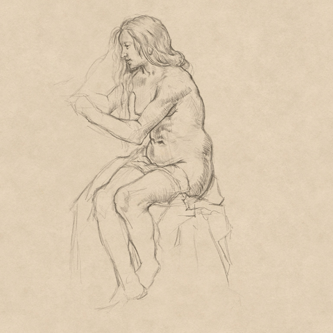 Sketch of a woman holding a strand of hair