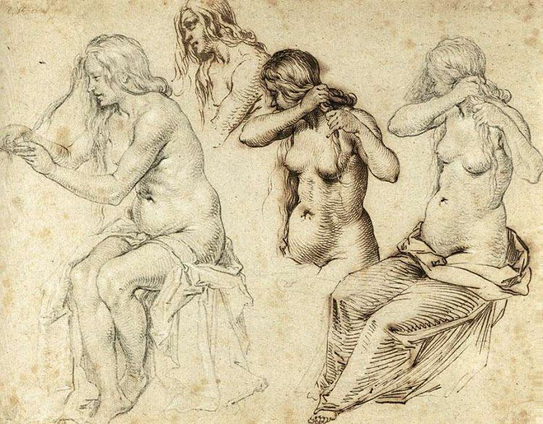 Original of the woman, plus three other sketches of women holding their hair in different ways