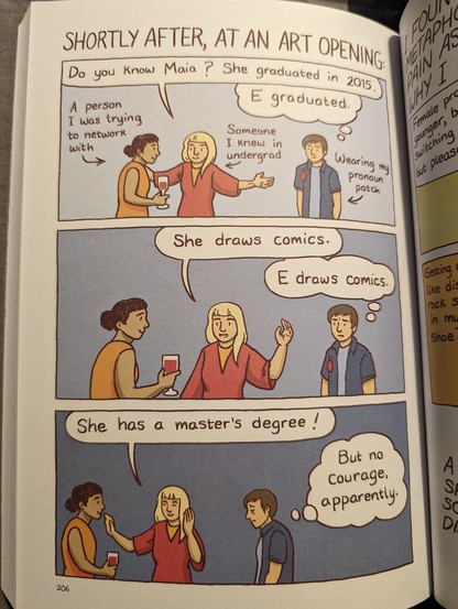 Gender Queer graphic novel b, Maia Kobabe, page 206, headlined “Shortly after an art opening”, underneath 3 landscape panels with 3 persons, 2 in conversation with each other and Maia.

Description for person 1 with dark hair: A person I was trying to network with.

Description for person 2: Someone I knew in undergrad.

Description for Maia: Wearing my pronoun patch.

Person 2 to 1: Do you know Maia? She graduated in 2015.

Maia thinks: E graduated.

Person 2 to 1: She draws comics.

Maia thinks: E draws comics.

Person 2 to 1: She has a master's degree!

Maia thinks: But no courage apparently.

With each panel, Maia looks more depressed.