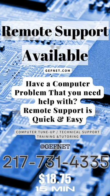 Promotional text for remote support offered by GEFNET on a blue background of a computer circuit board