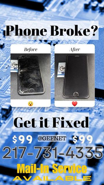 Promotional text for phone repair offered by GEFNET on a blue background of a computer circuit board two phones pictured one with a broken screen and the other newly fixed screen