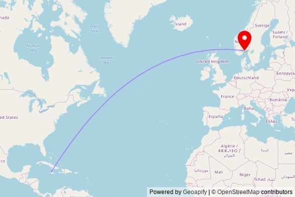A map showing the great circle route from Montego Bay in Jamaica to a map pin at Skien kirke, Kirkeplassen, 3717 Skien, Norway