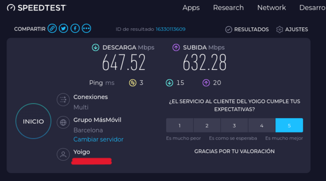 Captura de pantalla de speedtest.net con el resultado de ancho de banda de descarga de 647,52Mbps y ancho de subida de 632,28Mbps 