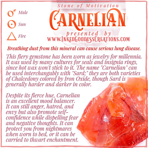 A raw chunk of bright red-orange carnelian sits against a white background. The text explains carnelian's metaphysical correspondences, some trivia about its use, and ways to use it in your magickal practice. Presented by Inked Goddess Creations.