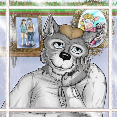 Icon of an anthropomorphic wolf daydreaming in front of a window lattice of large square glass panes on a rainy day.  He is wearing a button down collarless white shirt, and on his left ring finger sits a medium-sized gold ring with a large diamond surrounded by small diamond chips.  Behind him on a shelf on his right sits a portrait of an anthropomorphic sheep couple holding hands.  Behind him to his left, in an ornate oval frame, hangs a picture of an anthropomorphic ewe grinning and hugging an anthropomorphic border collie sticking his tongue out at the camera.