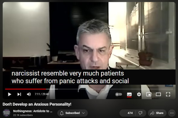 https://www.youtube.com/watch?v=bRZG1uLFsrc
Don't Develop an Anxious Personality!

6
7
8
9
0
1
2
3
4
5
6
7
8
9
0
1
2
3
4
5
6
7
8
9
 
 
,
 
 
1
2
3
4
5
6
7
8
9
0
1
2
3
4
5
6
7
8
9
0
1
2
3
4
5
6
7
8
9
 
 
1
2
3
4
5
6
7
8
9
0
1
2
3
4
5
6
7
8
9
0
1
2
3
4
5
6
7
8
9
 
 
1
2
3
4
5
6
7
8
9
0
1
2
3
4
5
6
7
8
9
0
1
2
3
4
5
6
7
8
9
 
 views  
3 Jun 2024  Nothingness and Mental Health
Video presentation to the 6th International Conference on Depression, Anxiety and Stress Management April 25- 26, 2019 in London, UK

https://stressmanagement.psychiatryco...

Anxiety is uncontrollable and excessive apprehension, a kind of unpleasant (dysphoric), mild fear, with no apparent external reason. Anxiety is dread in anticipation of a future menace or an imminent but diffuse and unspecified danger, usually imagined or exaggerated. The mental state of anxiety (and the concomitant hypervigilance) has physiological complements. It is accompanied by short-term dysphoria and physical symptoms of stress and tension, such as sweating, palpitations, tachycardia, hyperventilation, angina, tensed muscle tone, and elevated blood pressure (arousal). It is common for anxiety disorders to include obsessive thoughts, compulsive and ritualistic acts, restlessness, fatigue, irritability, and difficulty concentrating.