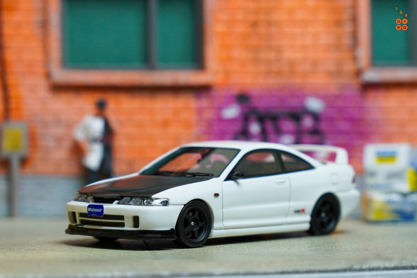 A left side of Honda Integra Type R (DC2) Spoon Sports by Nice Auto in 1:64 scale with 1:64 figure on AREA 164