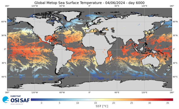 6000th record of Global Sea Surface Temperature by @osi_saf on 045/06/2024.