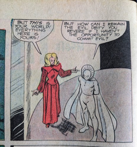 A panel from a comic. A woman with a red dress and a man clad entirely in white with a cloak and full face mask 