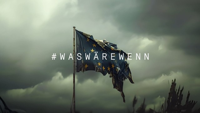 Das Bild zeigt eine zerfallene Europaflagge. Im Vordergrund steht der Hashtag Was-wäre-wenn.