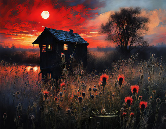 AI-generated image depicting a dark sun setting over a meadow with an eerie house in the background and vibrant red flowers and thistles in the foreground.

Image at: 
https://beautifulsunphotography.com/featured/dark-sun-over-the-meadow-deb-beausoleil.html

See more art & blog at:
https://beautifulsunphotography.com/
https://debbeautifulsunphotography.com/
https://www.zazzle.com/store/beautifulsun_designs
https://debbeausoleil.com