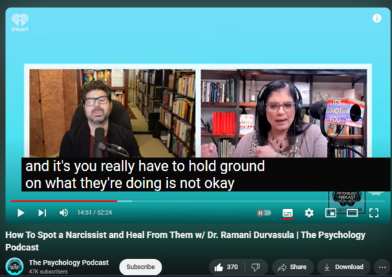 https://www.youtube.com/watch?v=K0I2UV_ANZU
How To Spot a Narcissist and Heal From Them w/ Dr. Ramani Durvasula | The Psychology Podcast

7,856 views  30 May 2024  The Psychology Podcast
This week Scott is joined by clinical psychologist and author Dr. Ramani Durvasula. Dr. Durvasula is one of the world’s leading experts on narcissism. In this episode, they the common myths about narcissism, the warning signs of narcissism to look for when a new person enters your life, and how to heal and move on with your life after you've been hurt by a narcissistic person.