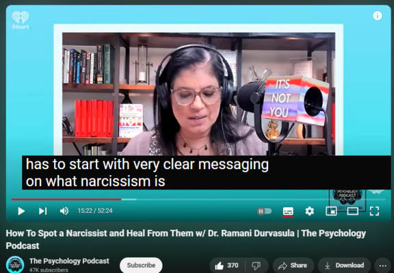 https://www.youtube.com/watch?v=K0I2UV_ANZU
How To Spot a Narcissist and Heal From Them w/ Dr. Ramani Durvasula | The Psychology Podcast
7,856 views  30 May 2024  The Psychology Podcast
This week Scott is joined by clinical psychologist and author Dr. Ramani Durvasula. Dr. Durvasula is one of the world’s leading experts on narcissism. In this episode, they the common myths about narcissism, the warning signs of narcissism to look for when a new person enters your life, and how to heal and move on with your life after you've been hurt by a narcissistic person.