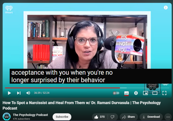 https://www.youtube.com/watch?v=K0I2UV_ANZU
How To Spot a Narcissist and Heal From Them w/ Dr. Ramani Durvasula | The Psychology Podcast
7,856 views  30 May 2024  The Psychology Podcast
This week Scott is joined by clinical psychologist and author Dr. Ramani Durvasula. Dr. Durvasula is one of the world’s leading experts on narcissism. In this episode, they the common myths about narcissism, the warning signs of narcissism to look for when a new person enters your life, and how to heal and move on with your life after you've been hurt by a narcissistic person.