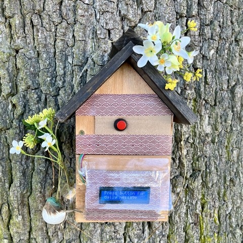 A wooden bird-box attached to a tree, with flowers attached to it. Where the entrance hole would normally be is a red button. Below this is a screen with the message, “press button for daily message”