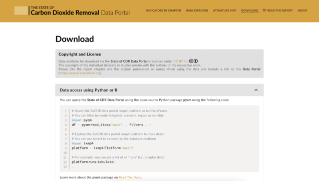 Screenshot of the page "Download", with a simple tutorial on how to query the data via the Python package pyam