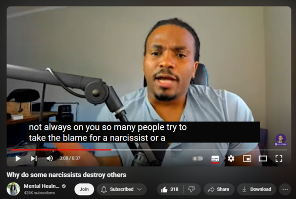 https://www.youtube.com/watch?v=lsKT6fcYQgU
Why do some narcissists destroy others
3,247 views  31 May 2024  ✪ Members first on 31 May 2024
Why do some narcissists set out to destroy other people? Is it intentional from the beginning or is it something that comes up later on when dealing with them? 

Channel Memberships For More perks-   

 / @mentalhealness  

Official- https://www.mentalhealness.net
Courses/Support Groups - https://courses.mentalhealness.net
Remember, it's not your fault (Kid's Book) - https://a.co/d/2WNtdKJ  
Self Love Journal - https://a.co/d/70L3zKb 
Brand Shop - https://i-am-self-love.myshopify.com
Cameo/Shoutouts - https://www.cameo.com/mentalhealness
Reddit Group -  

 / thementalhealers  

Welcome my channel! If this is your first time seeing my face or hearing my voice, my name is Lee and I am a self aware narcissist. I have narcissistic personality disorder  ( NPD ) and I've been in therapy for my personality disorder since 2017 and it has definitely changed my life because without it, I would have lost everything. 

The point of these videos is to help bring awareness from the other side of the narcissistic *buse spectrum. All my videos give perspective on why many narcissists do what they do and the possible different reasons behind them. The victims and survivors get validation and the Narcissists (those that are willing) get to see that you can get help and that you are not alone.