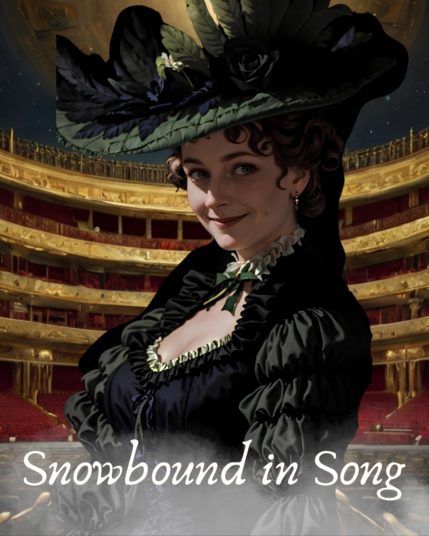 portrait of an opera singer in feathered hat, smiling, against a backdrop of an opera house interior