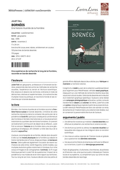 Flyer for the book "Bornées: une histoire illustrée de la frontière", by Juliet Fall, with a description in French