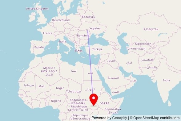 A map showing the great circle route from Drochia in Moldova to a map pin at St. Andrew (Leudier), Kampala Road, Bor, South Sudan