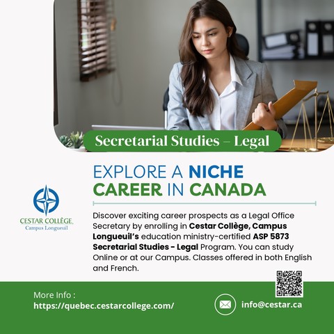 Are you interested in pursuing a career in 𝐥𝐞𝐠𝐚𝐥 𝐬𝐞𝐜𝐫𝐞𝐭𝐚𝐫𝐢𝐚𝐥 𝐬𝐭𝐮𝐝𝐢𝐞𝐬? 🤔 According to the Government of Canada's Job Bank, there are over 𝟏𝟖,𝟎𝟎𝟎 new job opportunities expected nationwide in the next seven years, with earning potential of up to $𝟒𝟎/𝐡𝐨𝐮𝐫 💸.
Our 𝐒𝐞𝐜𝐫𝐞𝐭𝐚𝐫𝐢𝐚𝐥 𝐒𝐭𝐮𝐝𝐢𝐞𝐬 – 𝐋𝐞𝐠𝐚𝐥 𝐀𝐒𝐏 𝟓𝟖𝟕𝟑 program can help you get started! 🚀 Join our program to gain the skills and knowledge you need to succeed in this in-demand field 📚.
Discover the course here : https://quebec.cestarcollege.com/en/programs/secretarial-studies-legal/
