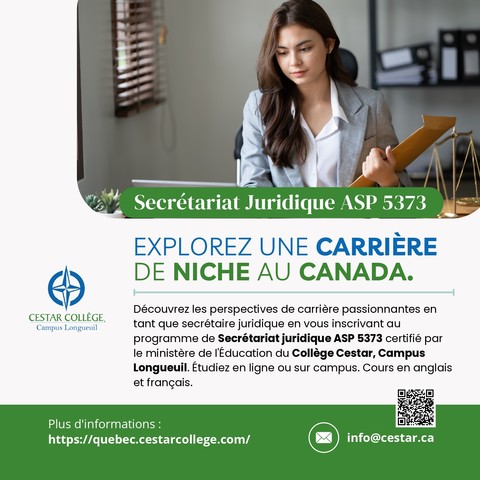 Êtes-vous intéressé(e) à faire carrière dans le domaine du secrétariat juridique ? Selon le Guichet emplois du gouvernement du Canada, plus de 18 000 nouvelles possibilités d'emploi sont prévues à l'échelle nationale au cours des sept prochaines années, avec un potentiel de rémunération allant jusqu'à 40 $ l'heure.

Notre programme Secrétariat Juridique ASP 5373 peut vous aider à démarrer ! Rejoignez notre programme pour acquérir les compétences et les connaissances dont vous avez besoin pour réussir dans ce domaine en demande.

Découvrez le cours ici : https://quebec.cestarcollege.com/programs/secretariat-juridique/

