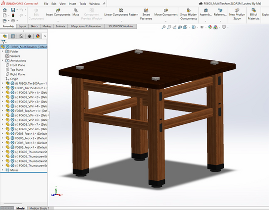 full color CAD rendering of a small wood table with a flat wood top. 