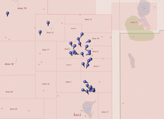 Kartierung aller Koordinaten von "Operation Toggle (Atomtest)" im Testgebiet Nevada (Nevada National Security Site, NNSS)
Quelle: OpenStreetMap
Lizenz: Open Data Commons Open Database-Lizenz (ODbL)