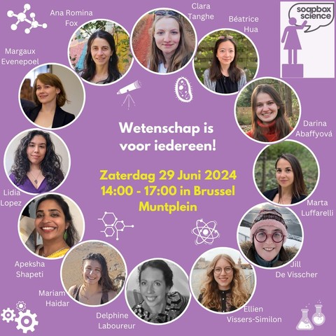 Foto van de spreeksters met de volgende tekst: "Wetenschap is voor iedereen! Zaterdag 29 juni 2024, 14:00-17:00 in Brussel Muntplein"