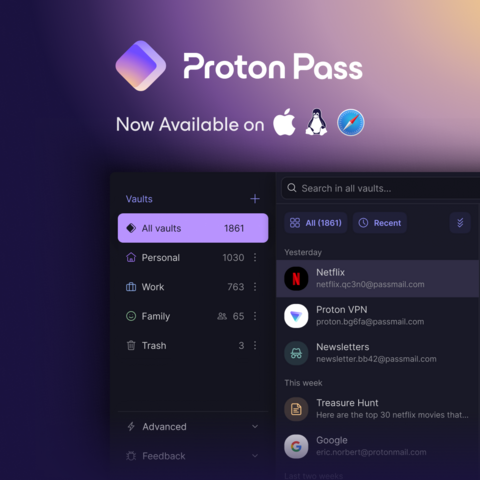 A screenshot of Proton Pass showing the logos for macOS, Linux and Safari. 