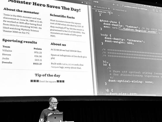 Roel optimizes a sample text-only web page. Un-optimized before version. Browser on the left side, code editor on the right side. 