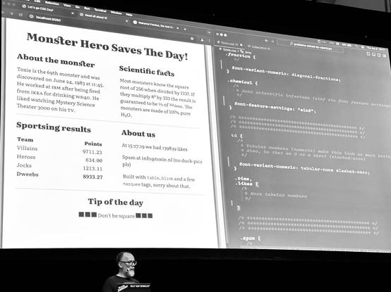 Roel optimizes a sample text-only web page. In-between version with some typographic optimizations. Browser on the left side, code editor on the right side. 