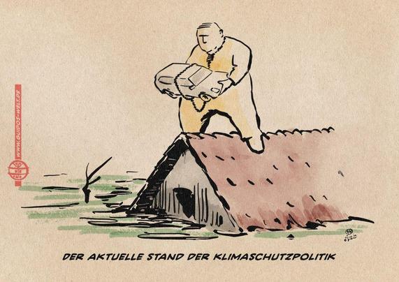 Illustration. Ein Mann steht auf dem Dach eines in den Fluten abgesoffenen Hauses und hält als Gewicht ein mit einem Strick an seinem Hals befestigtes Auto vor sich. Textzeile: Der aktuelle Stand der Klimaschutzpolitik.