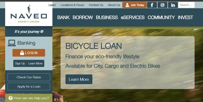 Screenshot of the home page for the Naveo Credit Union. It says 

Bicycle Loan: finance your eco-friendly lifestyle
Available for city, cargo and Electric bikes
