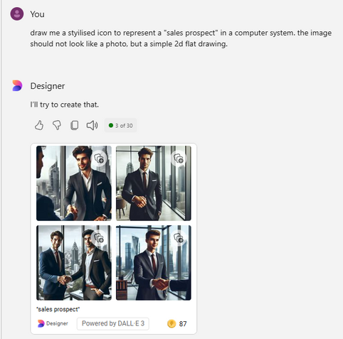 A screenshot of Microsoft Co-pilot failing badly to follow an image prompt. 

The prompt is "draw me a styilised icon to represent a "sales prospect" in a computer system. the image should not look like a photo, but a simple 2d flat drawing."

The result looks like a photo of people with an indeterminate number of fingers shaking hands. 