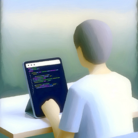 Person coding apps in a tablet